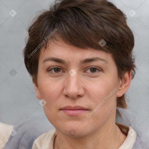 Neutral white young-adult female with short  brown hair and brown eyes