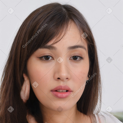 Neutral white young-adult female with long  brown hair and brown eyes