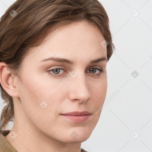 Neutral white young-adult female with short  brown hair and grey eyes