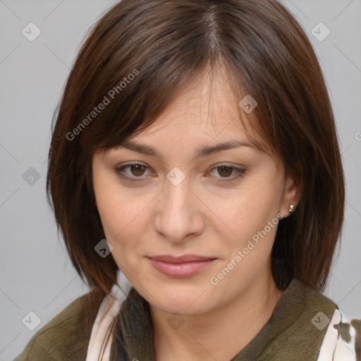 Joyful white young-adult female with medium  brown hair and brown eyes