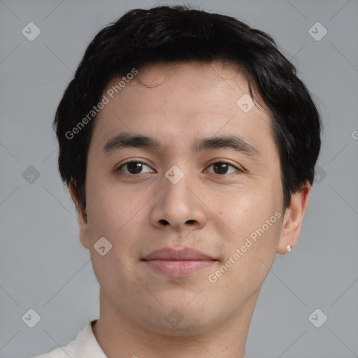 Neutral asian young-adult male with short  brown hair and brown eyes