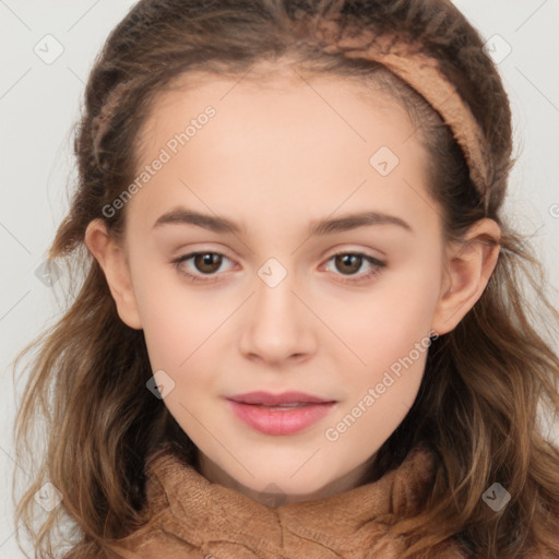 Joyful white child female with medium  brown hair and brown eyes