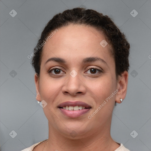 Joyful white young-adult female with short  brown hair and brown eyes