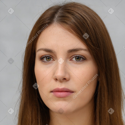 Neutral white young-adult female with long  brown hair and brown eyes