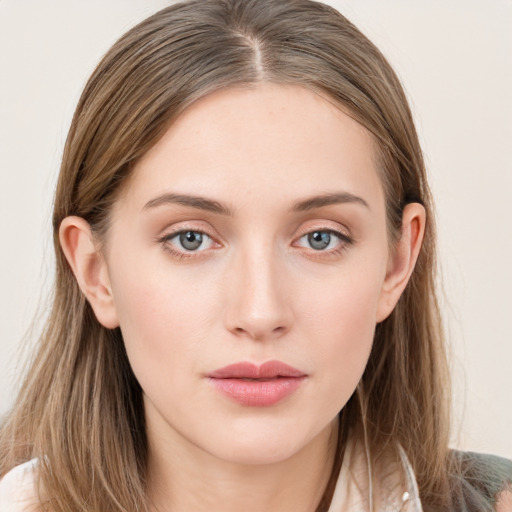 Neutral white young-adult female with long  brown hair and grey eyes