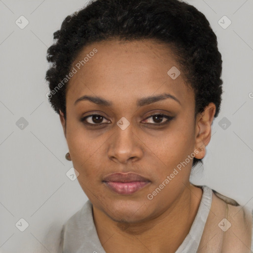 Neutral black young-adult female with short  black hair and brown eyes