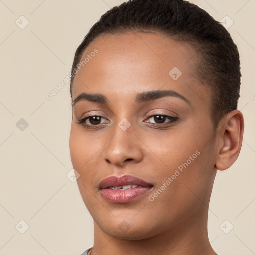 Joyful white young-adult female with short  brown hair and brown eyes