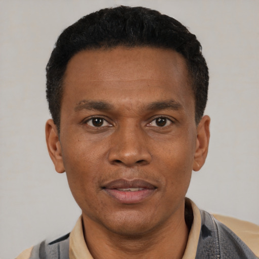 Joyful black young-adult male with short  black hair and brown eyes