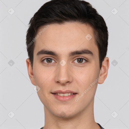 Joyful white young-adult male with short  brown hair and brown eyes