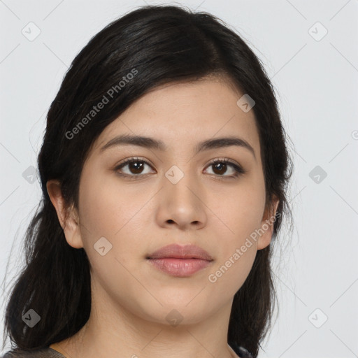 Neutral asian young-adult female with long  brown hair and brown eyes