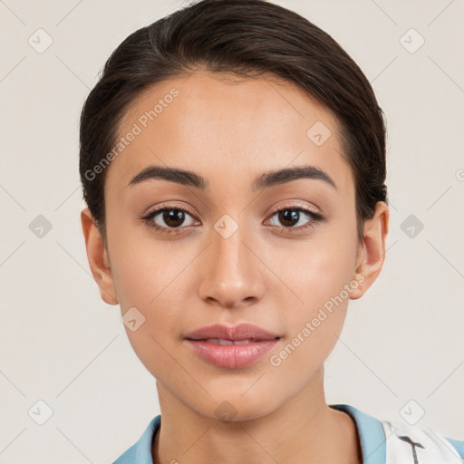 Joyful white young-adult female with short  brown hair and brown eyes