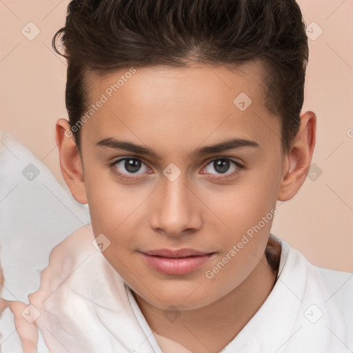 Joyful white child female with short  brown hair and brown eyes