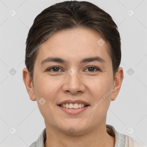 Joyful white young-adult female with short  brown hair and brown eyes