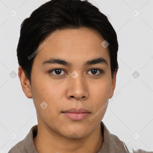 Neutral asian young-adult male with short  brown hair and brown eyes