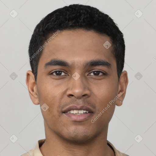 Neutral latino young-adult male with short  black hair and brown eyes