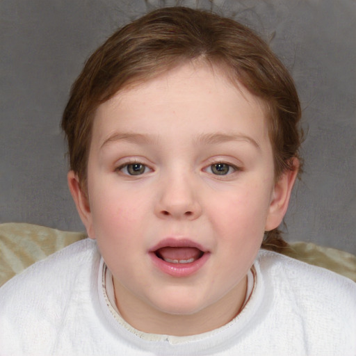 Neutral white child female with short  brown hair and blue eyes