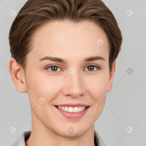 Joyful white young-adult female with short  brown hair and brown eyes