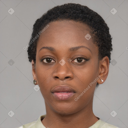 Neutral black young-adult female with short  black hair and brown eyes