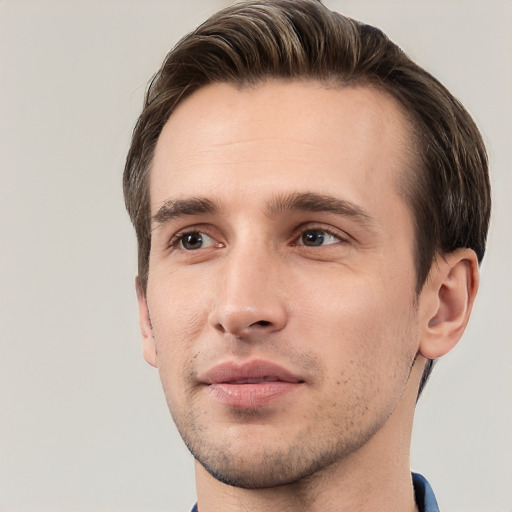 Neutral white young-adult male with short  brown hair and grey eyes