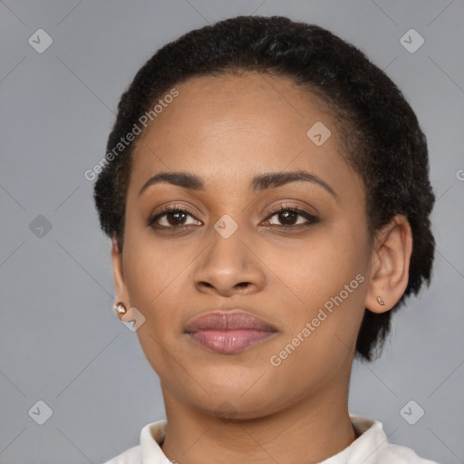 Joyful latino young-adult female with short  brown hair and brown eyes