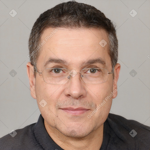 Joyful white middle-aged male with short  brown hair and brown eyes