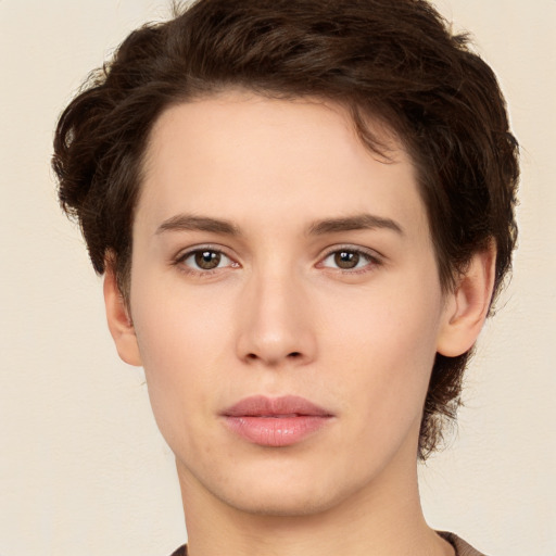 Neutral white young-adult female with short  brown hair and brown eyes