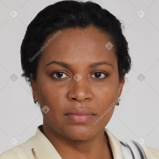 Neutral black young-adult female with short  brown hair and brown eyes