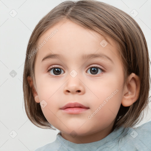 Neutral white child female with medium  brown hair and blue eyes