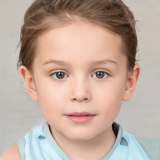 Neutral white child female with short  brown hair and grey eyes