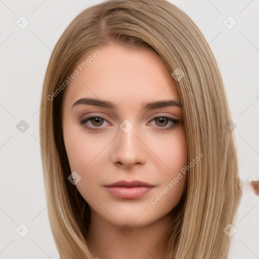 Neutral white young-adult female with long  brown hair and brown eyes