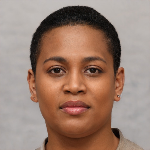 Neutral black young-adult female with short  brown hair and brown eyes