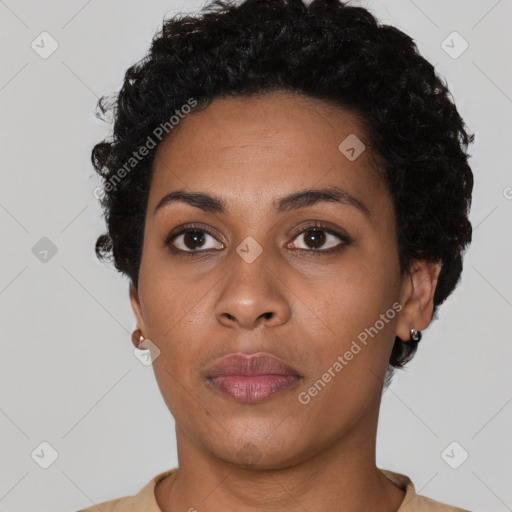 Neutral black young-adult female with short  black hair and brown eyes