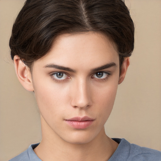 Neutral white young-adult female with short  brown hair and brown eyes