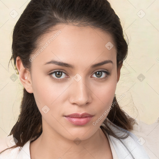 Neutral white young-adult female with medium  brown hair and brown eyes