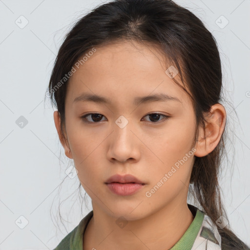 Neutral asian young-adult female with medium  brown hair and brown eyes