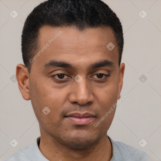 Neutral latino young-adult male with short  black hair and brown eyes