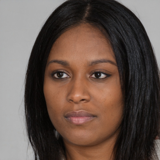 Neutral asian young-adult female with long  black hair and brown eyes