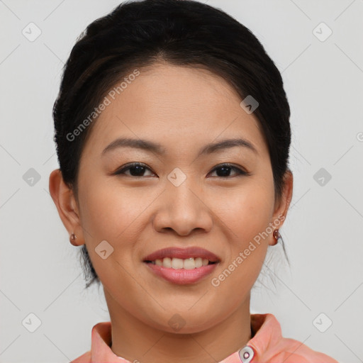 Joyful white young-adult female with medium  brown hair and brown eyes