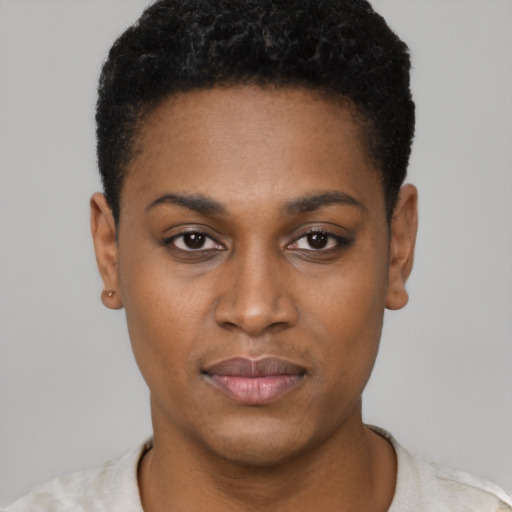 Neutral black young-adult female with short  black hair and brown eyes