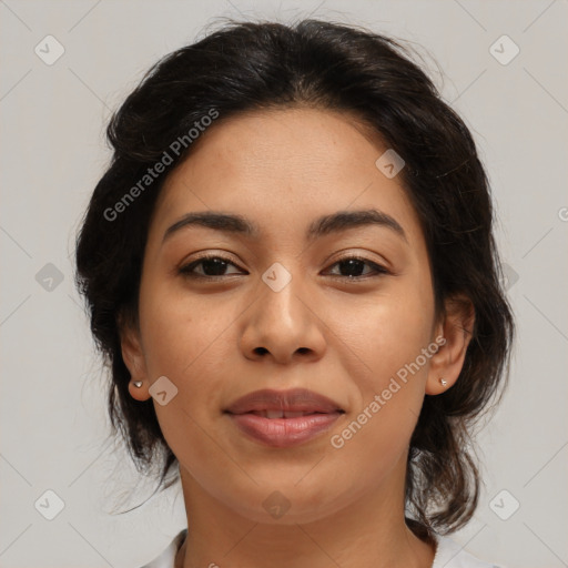 Joyful asian young-adult female with medium  brown hair and brown eyes