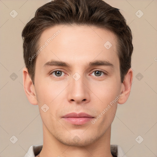 Neutral white young-adult male with short  brown hair and brown eyes