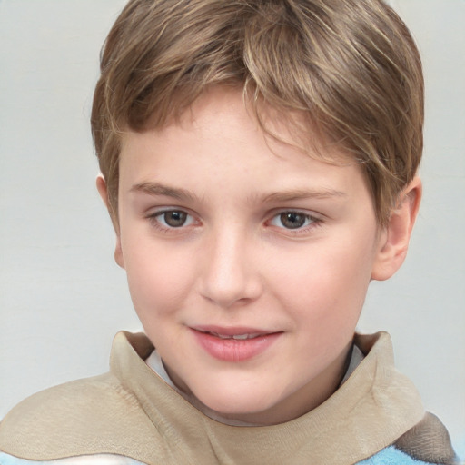 Joyful white child female with short  brown hair and brown eyes