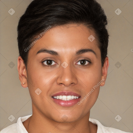 Joyful white young-adult female with short  brown hair and brown eyes