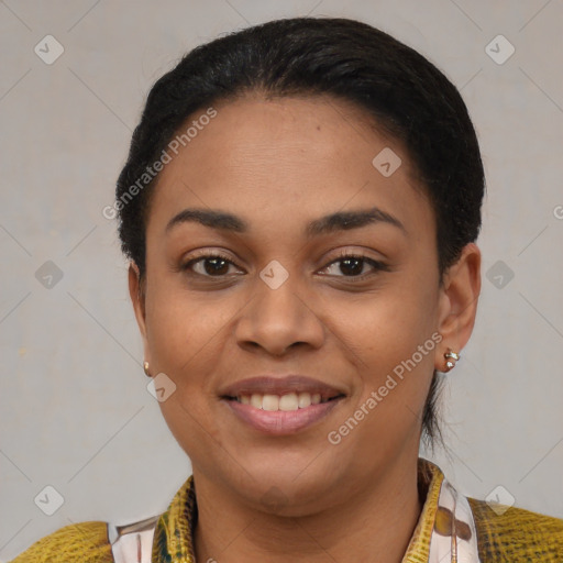 Joyful latino young-adult female with short  brown hair and brown eyes