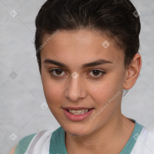 Joyful white young-adult female with short  brown hair and brown eyes