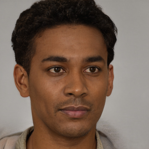 Joyful black young-adult male with short  brown hair and brown eyes
