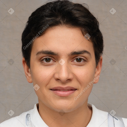 Joyful white young-adult female with short  brown hair and brown eyes