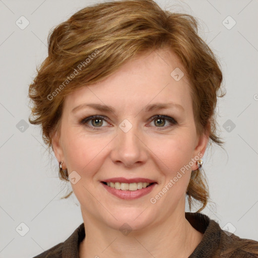 Joyful white young-adult female with medium  brown hair and blue eyes