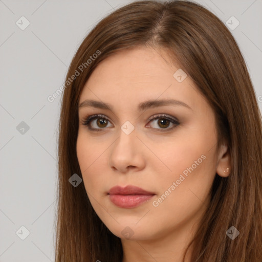 Neutral white young-adult female with long  brown hair and brown eyes