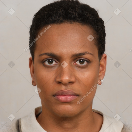 Neutral black young-adult female with short  brown hair and brown eyes